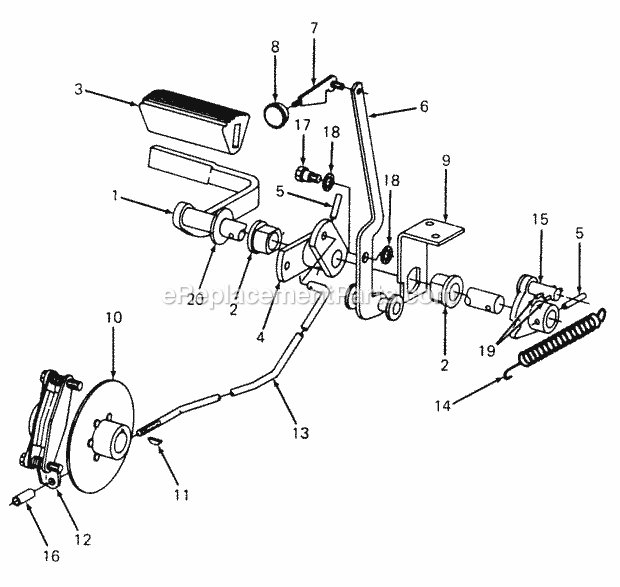 Brake Pedal & Connections Diagram and Parts List for 1610 135-393-100, 135-393-399, 0350042U, 136-393-1 Cub Cadet Lawn Mower